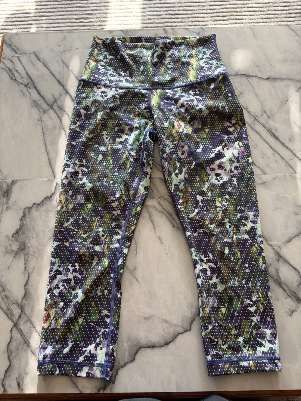 Lulu Lemon Purple & Green Printed Capri Active Leggings